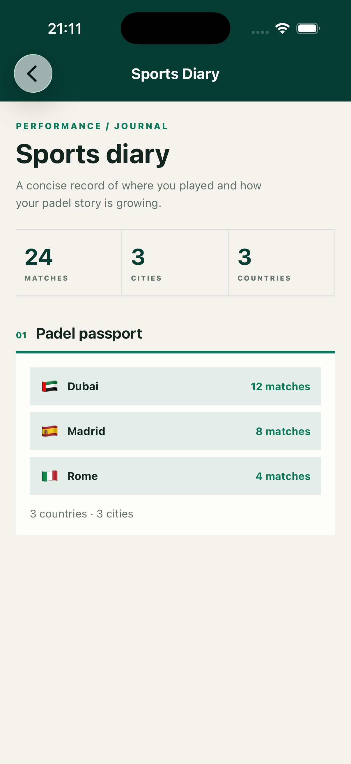 SERPADEL Sports Diary showing session history and a padel passport with illustrative sample data