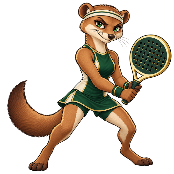 Female mongoose athlete with a cream headband, emerald kit and gold-edged padel racket