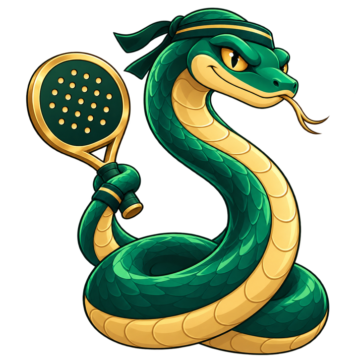 Athletic male emerald snake with a padel racket