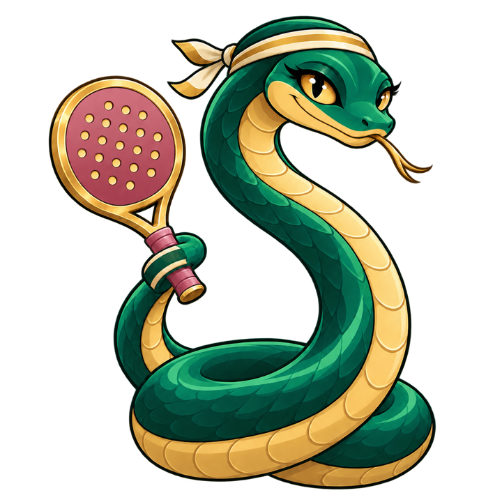 Female emerald snake athlete holding her signature pink padel racket